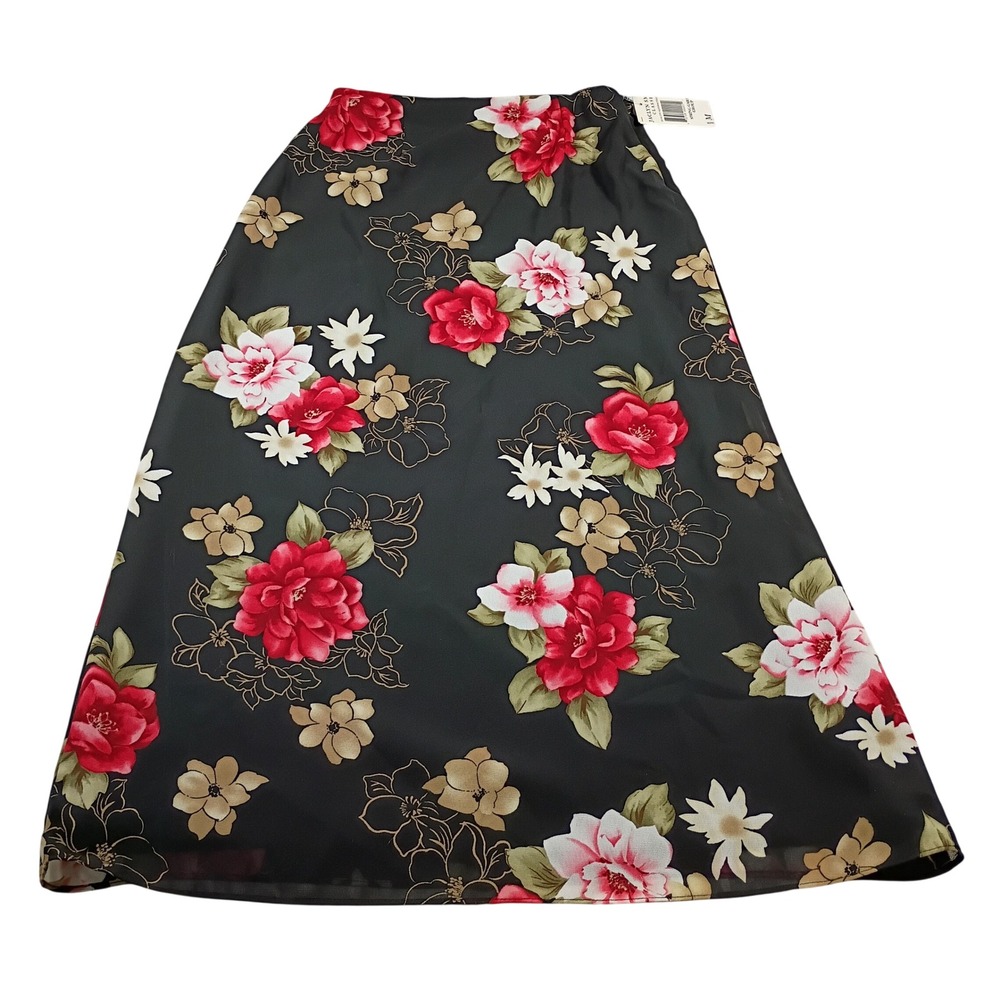 Jaclyn Smith Maxi Skirt Women Medium Black Floral NWT Elastic Waist A-Line Long
